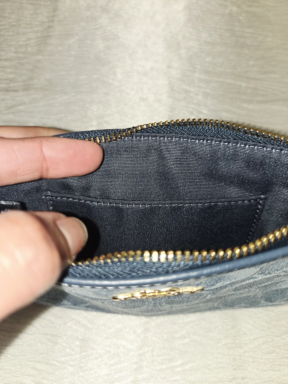 Coach Denim Signature Large  Wristlet in Blue with Tan Strap